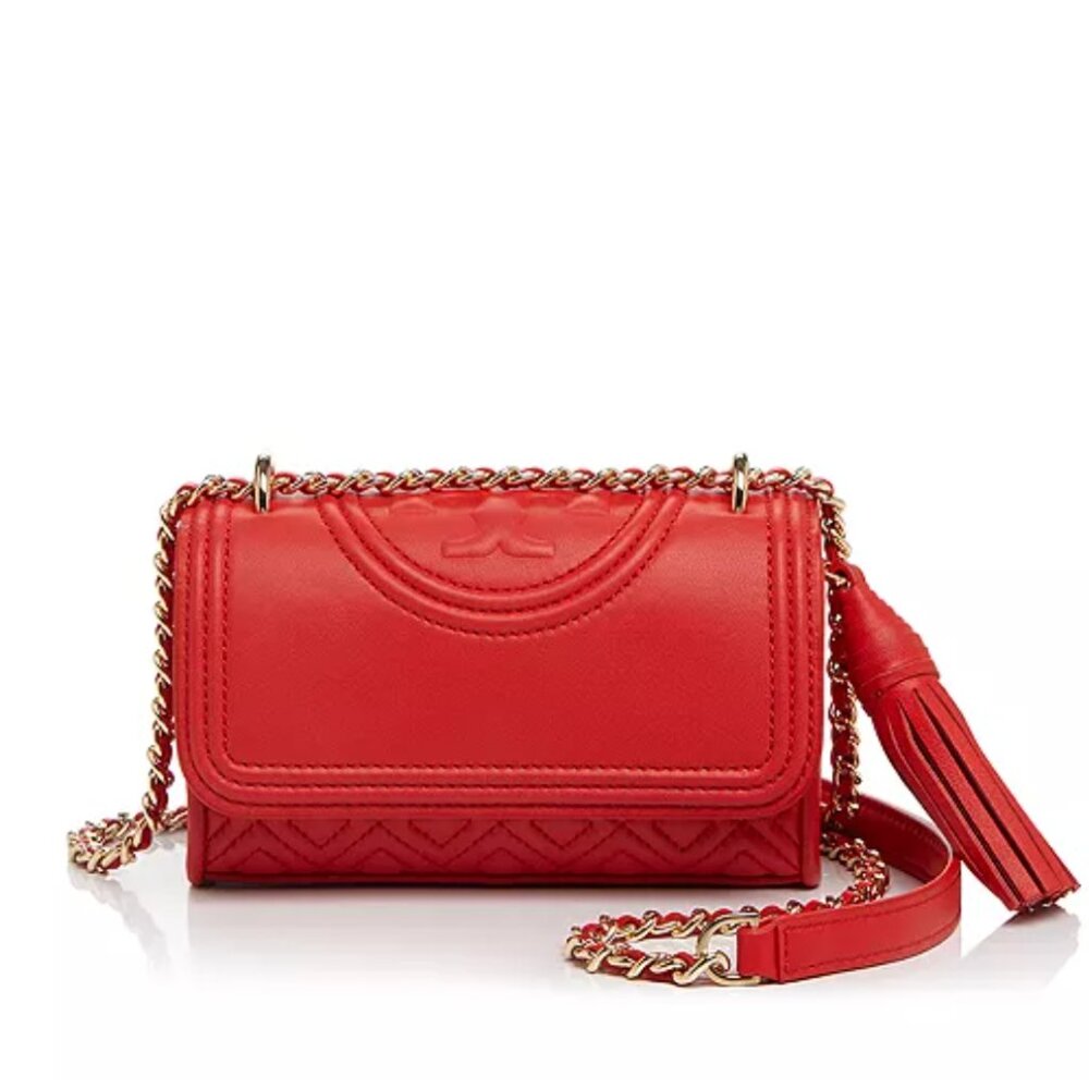 Tory Burch Micro Fleming Convertible Crossbody Bag Red Leather Chain Strap